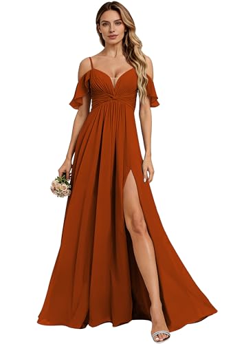 Arntnha Cold Shoulder Ruffled Bridesmaid Dress with Slit A-Line Chiffon Long Classy Spaghetti Straps Pleated Formal Dresses Rust Red Plus Size