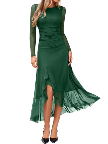 BerryGo Women's Long Sleeve Mesh Fall Wedding Guest Midi Dress Green L