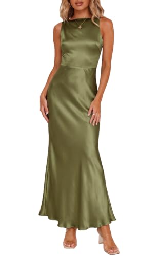 FULLVEB Summer Backless Satin Maxi Dresses for Women 2026 Formal Olive