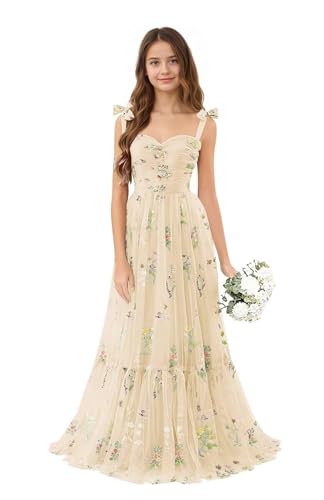 Long Junior Bridesmaid Dresses Tulle Champagne Flower Girl Dress Ruffle Floral Formal Evening Dresses for Girls 10-12