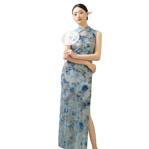 ROYAL SMEELA Chinese Qipao Dress for Women Sleeveless Patterned Cheongsam Mandarin Women's Chinese Dresses Clothes Black