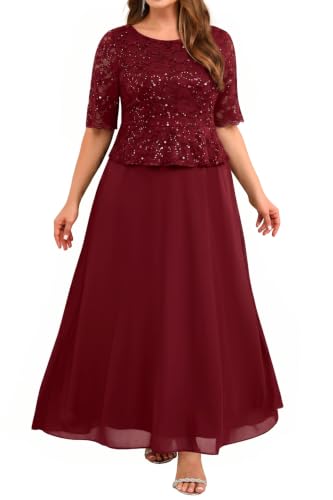 Plus Size Burgundy Formal Sequin Lace Mother of The Bride Evening Dress | Elegant formal maxi evening gown; sequin lace bodice; ideal for mother of the bride & wedding guests.