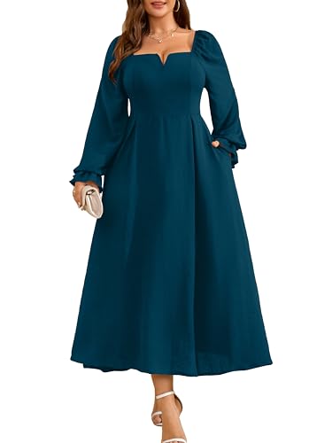 RWJ Long Sleeve Dress for Women Fall Plus Size Formal Dresses Lake Blue 2XL