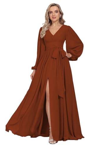 HSFIYAKJ Rust Bridesmaid Dresses with Sleeves V-Neck Chiffon Prom Dress Pleated Long Formal Wedding Guest Gown for Women with Slit Size 6