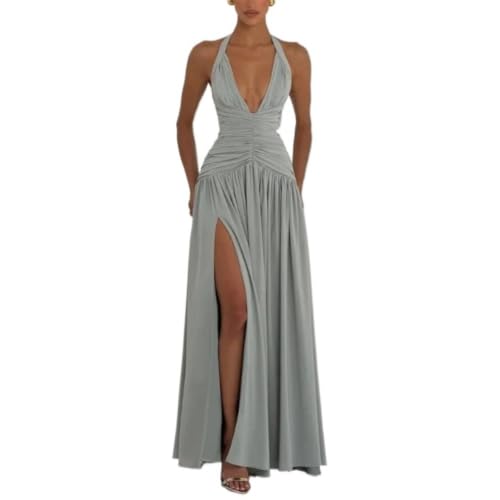 Women's Halter Deep V Neck Ruched High Slit Maxi Dress (Qing Lv,Large) | Halter, deep V neck, ruched waist, high slit, sleeveless, maxi length, stretch fabric