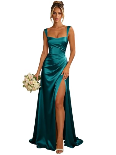 Fluens Satin Bridesmaid Dresses A Line Long Formal Dress,Peacock,US02