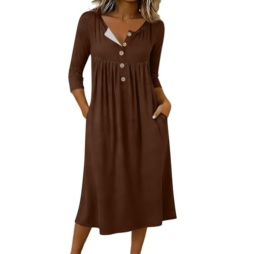 3/4 Sleeve Womens Dress Casual Flowy A-Line Midi T-Shirt Dresses with Pocket Crewneck Vocation Boho Beach Sundress Brown