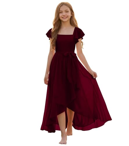 Qatuddl Burgundy Junior Bridesmaid Dresses High-Low Chiffon Flower Girl Dress Size 8