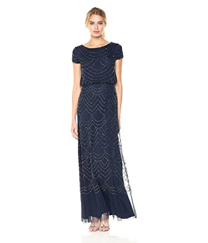 Adrianna Papell Women's Short Sleeve Blouson Beaded Gown, Navy, 6