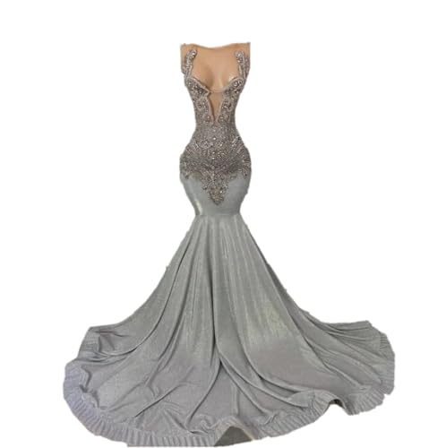 Women's Sleeveless Sequined Applique Beaded Mermaid Prom Evening Dress Pageant Gown Court Train Gray