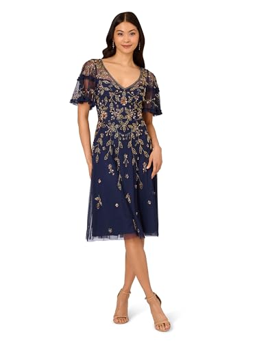 Adrianna Papell Women's Beaded Midi Dress | Sequin Cocktail Dress with Flutter Sleeves & Raised Floral Embellishments, Navy Multi, 4