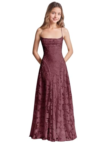 Qgeno Burgundy Jr Bridesmaid Dresses for Wedding Size 14-16 Long Floral Flower Girl Dress Lace Teen Prom Formal Party Gowns