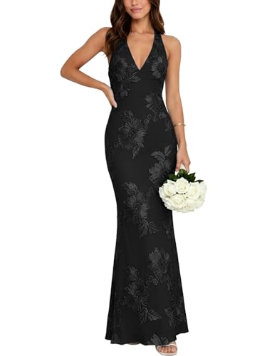 Women Floral Mesh Halter Bodycon Wedding Guest Cocktail Maxi Dress,Black XL