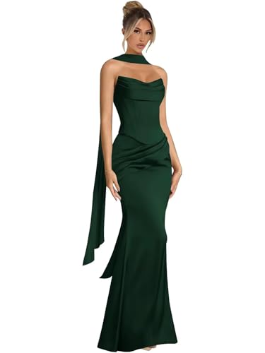 Seabinayed Mermaid Satin Emerald Green Bridesmaid Dresses for Women 2025 Strapless Ruched Long Corset Pleated Maxi Satin Formal Evening Dress with Scarf US2