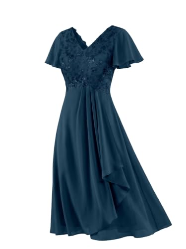 Tea Length Mother of The Bride Dresses for Women Short Sleeve V Neck Gown | V Neck, Mosaic Lace Floral, Elegant Embroidered Floral Mother of The Groom Dresses, Summer A-Line Wedding Guest Evening Gown