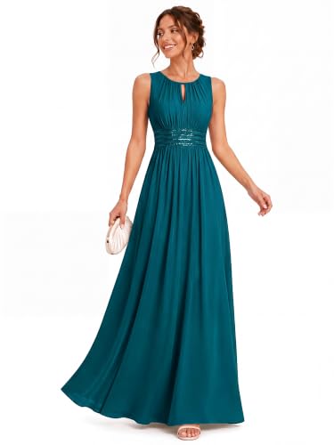 Ever-Pretty Women's Sleeveless Bridesmaid Dress Chiffon Formal Dresses | Sleeveless, Chiffon, Ruched, A-Line, Bridesmaid Dresses, Formal Wedding Guest Dress, Teal Blue, US10