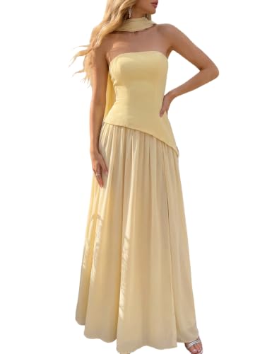 VOUIAO Formal Wedding Guest Bridesmaid Dress Women Evening Gown Yellow XL | lace up back,high slit,corset top,a line,strapless,party cocktail homecoming maxi dresses,elegant holiday prom gowns