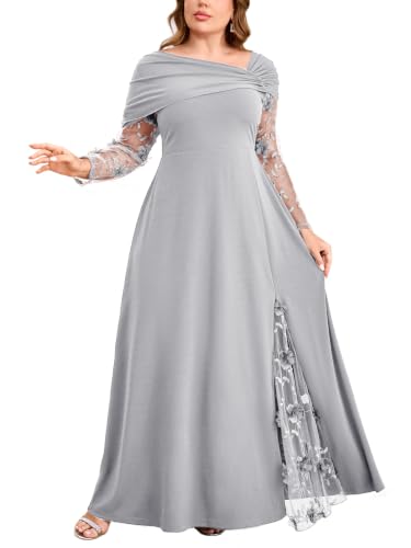 Sassique Plus Size 3D Floral Sleeve Formal Dress Ruched Shoulder A Line Maxi Evening Gown Side Slit for Wedding Guest, Silver, 1X