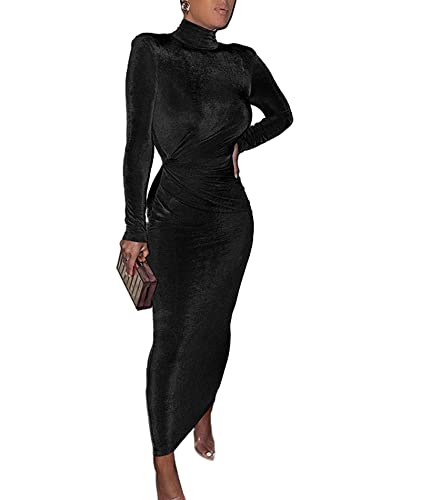 xxxiticat Womens Velvet Maxi Dress Turtleneck Long Sleeve Bodycon Gown BL-S