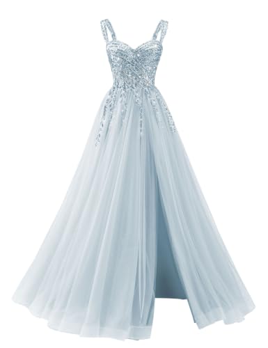 MagicST A Line Sequin Appliques Long Prom Dress Gown for Women,Light Blue,2