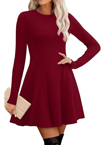 OFEEFAN Petite Dresses for Women Long Sleeve Dress Winter Sweater Dress for Women Flare Burgundy XS