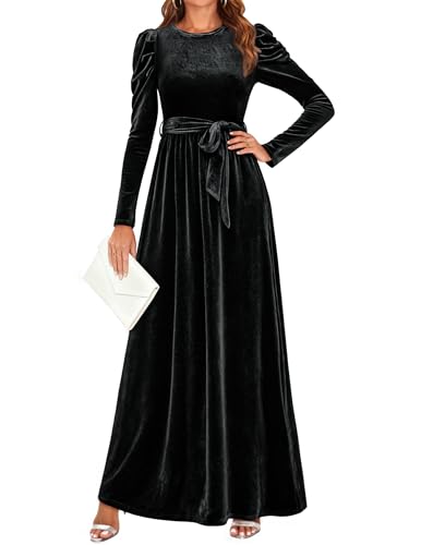 ZESICA Women's Velvet Maxi Dress Fall 2025 Long Puff Sleeve Crew Neck Elastic High Waist Cocktail Party Bridesmaid Dresses,Black,Medium