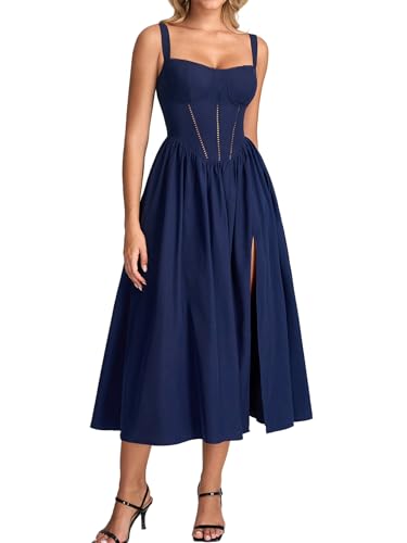 KUTUMAI Summer Floral Corset Midi Wedding Guest Dresses for Women Navy