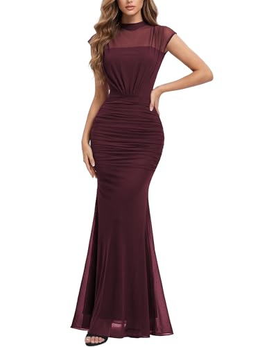 Miusol Women's Mock Neck Mesh Ruched Formal Evening Maxi Dress Wine