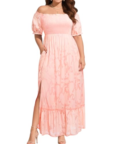 Women's Plus Size Summer Pink Maxi Dress Off Shoulder Puff Sleeve Lace