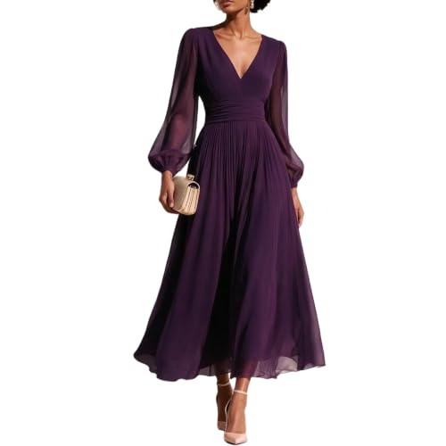 Wedding Guest Dresses for Women Long Puff Sleeve V‑Neck Chiffon Maxi Dress