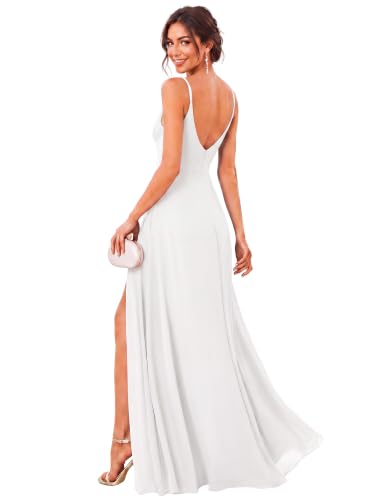Ever-Pretty Women's Maxi Summer Backless Bridemaid Wedding Guest Dresses | Spaghetti Straps, Chiffon, V-Neck, Split, Semi Formal Dresses, Evening Dresses, White US22