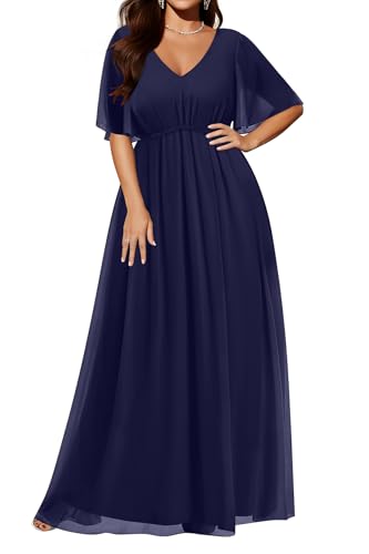 Navy Blue Dress for Women Bridesmaid Plus Size Maxi Formal Chiffon Wedding Party Ball Gowns Short Sleeve Long Dresses