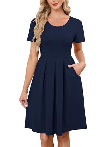 KORSIS Women Dresses Short Sleeve Casual Round Neck A-Line Pleated Tummy Hide Dress Beach Casual Vacation Sundress with Pockets Navy Blue 2XL
