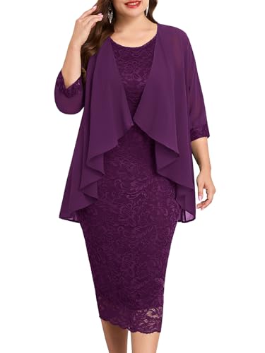 TIARALY Plus Size Mother of the Bride Groom 2 Piece Suit Lace Dress with Chiffon Jacket Elegant Set Formal Wedding Guest, Dark Purple, 2X