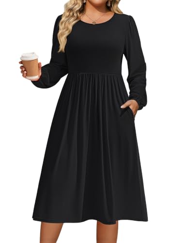 IN'VOLAND Plus Size Dresses for Women Black Long Sleeve Winter Maxi Work Dress