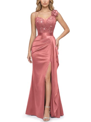 Miusol Women's Elegant V-Neck Ruched Sequin Split Wedding Guest Long Dress