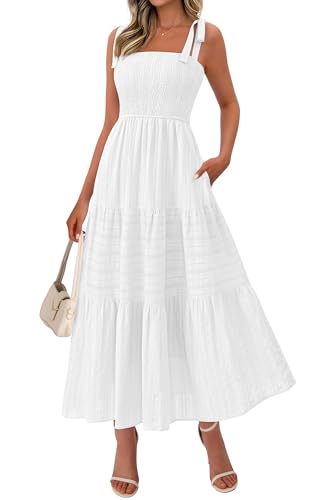 BTFBM Womens Summer 2026 Casual Maxi Dresses Boho Spaghetti Strap Dress | Lightweight Sleeveless Smocked,Tie Shoulder Straps,Ruffle A Line Tiered Flowy Sundress,Beach Vacation,Long Dresses Pockets
