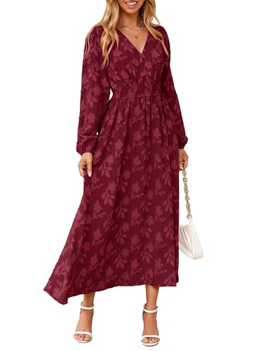 Simplee Womens Boho Floral Long Sleeve Maxi Dress Semi Formal Wedding Guest Dresses Elegant Holidy Party Dress Burgundy XL