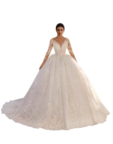 Jamille V Neck Wedding Dress for Bride A Line Princess Bridal Gowns with Train Sleeve Lace Applique Ball Gown Empire Waist 2026 White 14 JA0125