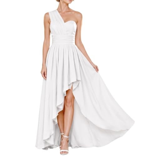 SUNSTORY Summer Wedding Guest Dress: 2026 Women's Maxi A-Line Ruffle Formal Evening Gown with High-Low Hem, One Shoulder Flowy Sleeveless Empire Waist Bridesmaid Dress(m,White)