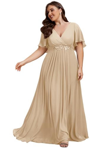 Ever-Pretty Plus Women's Chiffon Plus Size Formal Mother of Bride Dresses | V-Neck, Short Sleeve, A-Line, Plus Size Black Tie Dresses Evening Dresses, Champagne US20