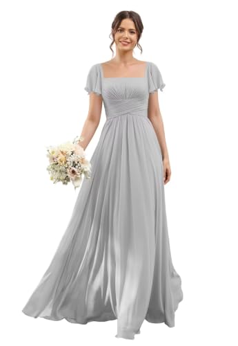 Women's Modest A Line Bridesmaid Dress Long Silver Square Neck A-Line Flutter Sleeves Maid of Honor Dress for Wedding 2026,16