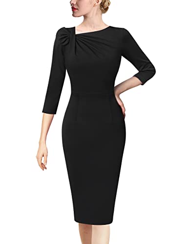 VFSHOW Womens Pleated Asymmetric Bow Neck Work Business Office Pencil Dress