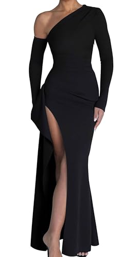 Memoriesea Women's One Shoulder Long Sleeve Cocktail Maxi Dress Black | High Slit,Asymmetric Neckline,Bodycon Ruched Dress,Sexy Wedding Guest Party Dress,Homecoming,Vacation,Dinner,Black Tie Event