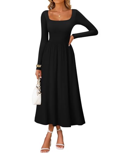 ZESICA Fall Long Sleeve Dress for Women 2026 Elegant Classy Midi Dresses | Square Neck, Wedding Guest, Cocktail Party, Formal Dressy, Casual Flowy, Winter Fashion, Holiday, Church Long Dress