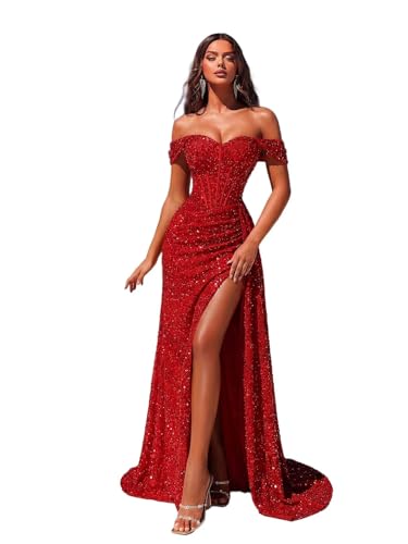 Women's Sequin Off-the-Shoulder Formal Gown - Corset Bodice High Slit Mermaid Dress with Train for Prom & Gala Red
