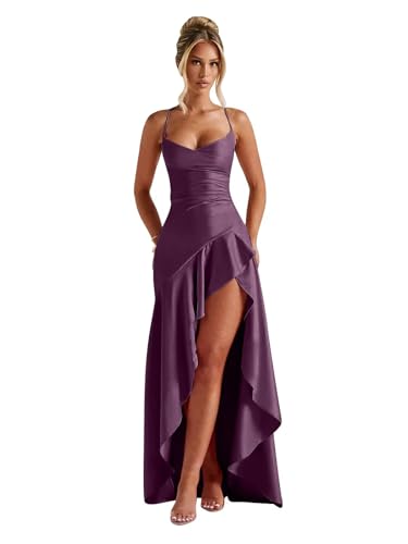 RYANTH Plum Satin Ruffle Bridesmaid Dresses for Wedding Mermaid Long Prom Dress for Women 2025 Spaghetti Straps Corset Formal Gown with Slit Size 6