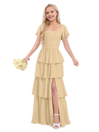 MiwiNovia Chiffon Junior Bridesmaid Dresses for Teen Girls Square Neck Champagne Flower Ruffles Formal Wedding Gown US2