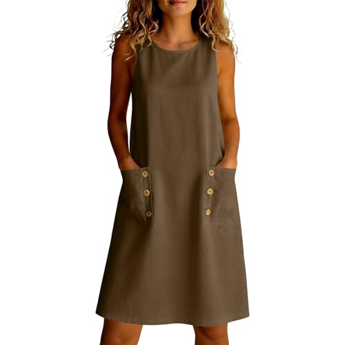 Womens Sleeveless Mini Sundress Crewneck A-line Loose Fit Tank Dress Faux Linen Vacation Outfits with Pockets Brown