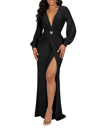 HWP Women Deep V Neck Long Sleeve Maxi Dress High Split Formal Party Gown | Sexy Elegant Drop Waist Cocktail Evening Gowns Birthday Holiday Dinner Wedding Guest Dress For Women